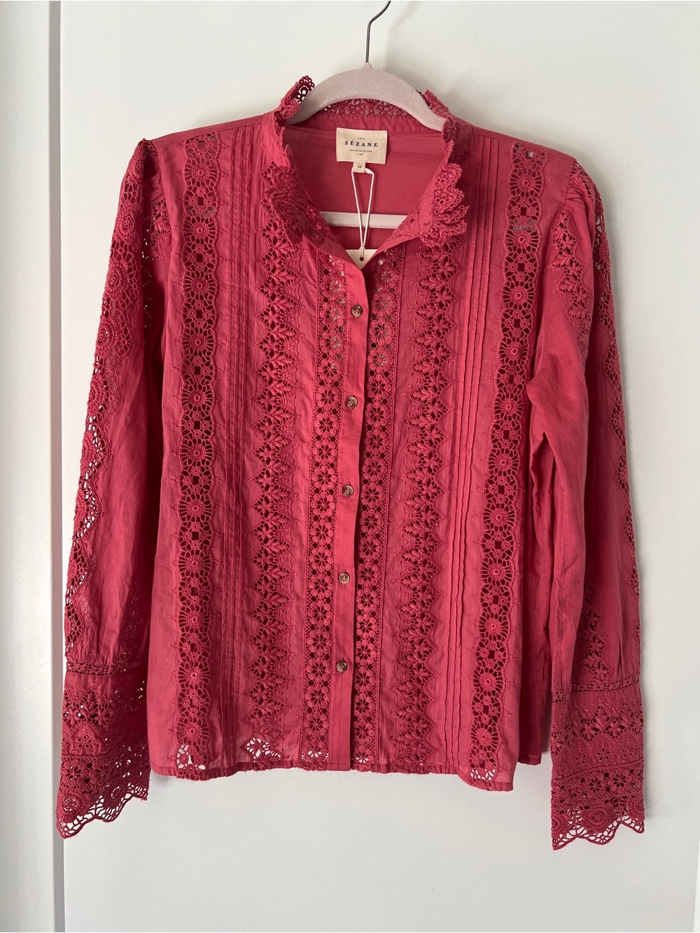 Sezane Chemise Rym Pink Lace-Trim Button Front Blouse